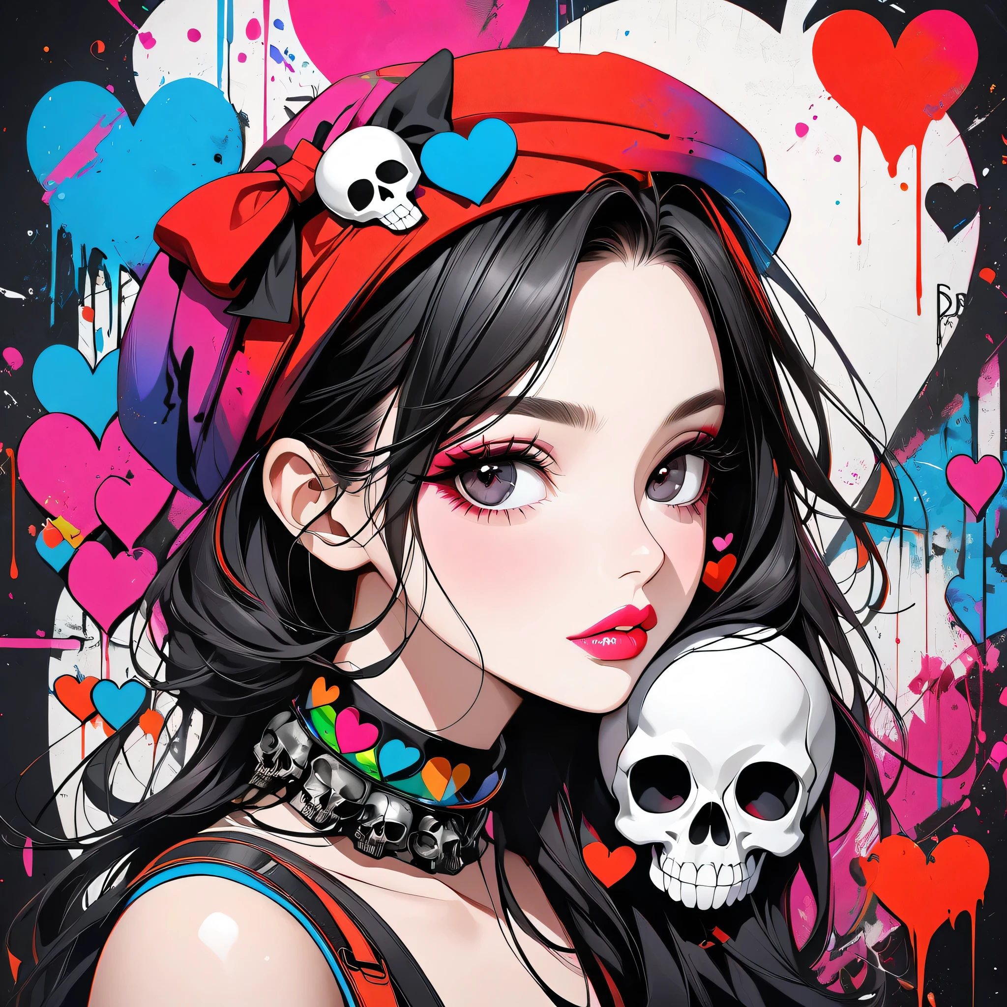 Ultra-realism Black Star Red and White colorful style, Simple Line Initialism,Abstract art,(((The most beautiful girl of all time))), Sweet face. Lips in love, colorful hearts, stylish design, Summer Skull fashion, Dark Eyes, Graffiti on the wal