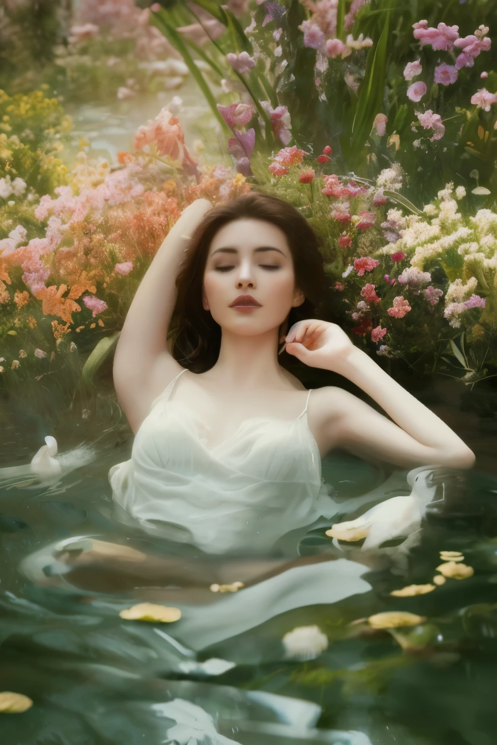 Beautiful woman floating in water, depicted in an ethereal illustration in the style of Anna Dittman. She is surrounded by delicate flowers and leaves, with the scene bathed in sepia tones and accented by muted reds and yellows. The image exudes elegance and modern fantasy, featuring airbrush textures and clean lines, all rendered in high resolution.
