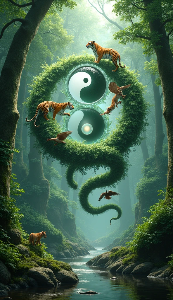 wild title word "TAIJITU", classical, green, wild, rustic, forest, jungle, plants, animals, strong, realistic, 8k ultra HD, technology, nano tech, silver, white, crystal clear, 3D, mythology, Sci-Fi, cool, Storm, Winter, globe, yin yang, small birds, logo word "YIN YANG"