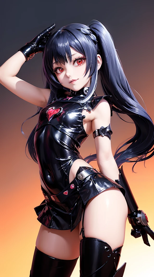 (cabello despeinado), (illustration), retrato, (fondo de ciudad futurista), (arms behind back), Cintura delgada, gran sonrisa, abdominales fuertes, chica delgada, strong abs, muscle girl, front pose, big thighs, focus on face, flat chested, dark gothic background, blue hair, shirt with skirt, on rock, detailed vagina, nude, heavy knight armor, mecha musume, pale skin, gothic dress, twin tails, red eyes, heart accesories details, ((14year old girl:1.5)), complete anatomy, children's body, child, super cute, girl, random poses, random camera angles, full body shot