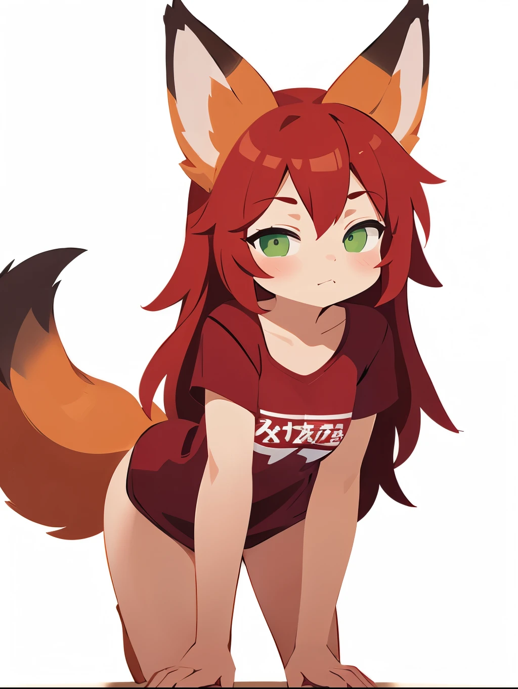 1girl, red hair, long hair, green eyes, semi-closed eyes, detailed, photorealistic, best quality, fox ears, fox tail, red ears, red tail, (wears only white t-shirt), full body, bent down, simple background
