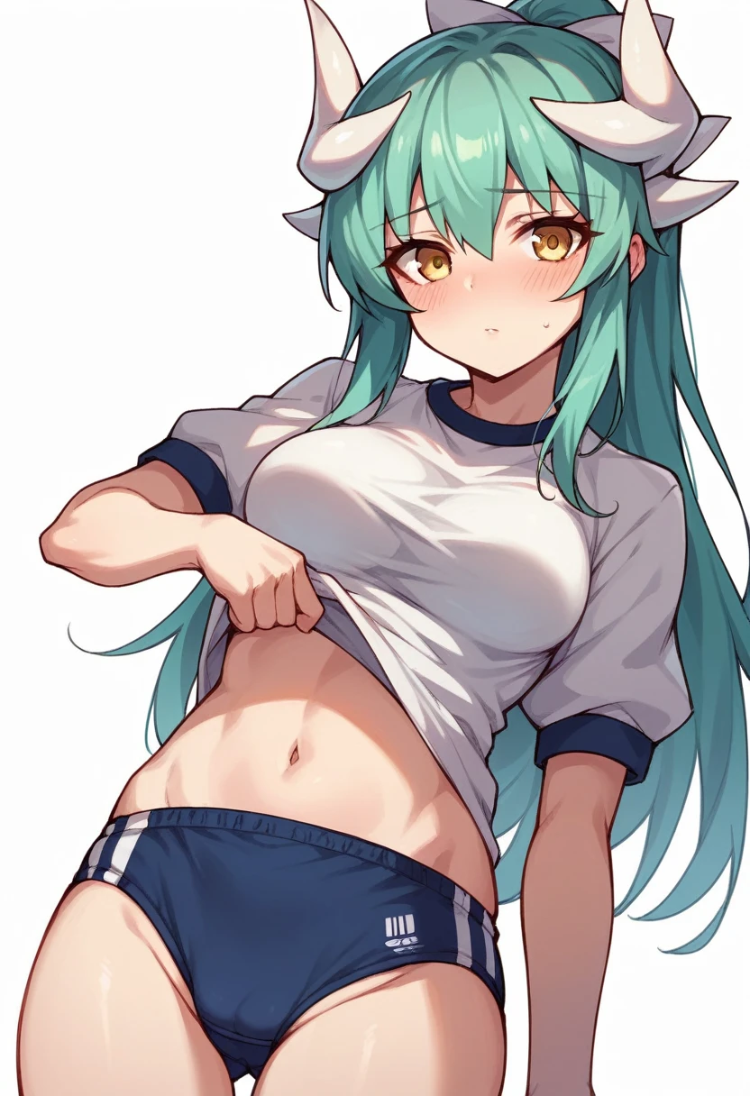 kiyohime (fate), 1girl, solo, long hair, breasts, looking at viewer, blush, simple background, white background, ribbon, navel, medium breasts, underwear, yellow eyes, ponytail, short sleeves, green hair, horns, alternate costume, clothes lift, aqua hair, shirt lift, lifted by self, gym uniform, buruma, panty peek, multiple horns