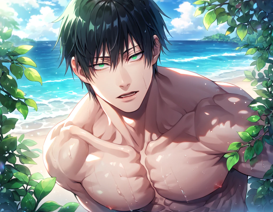 absurdres, highres, ultra detailed, HDR, master piece, Fushiguro Touji, black hair, expressive green eyes, without shirt, Jujutsu Kaisen, toned chest, bare chest, sexy man, handsome, best quality, beach, fantasy, magical, solo, water, sensual, horny, green leaves, flowers, manly man, close up