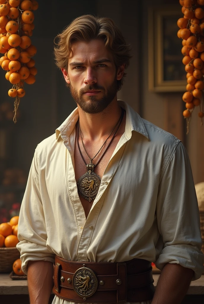 Create a realistic image of a medieval gentleman with light brown hair., short beard in a captivating royal port, replete with sales and dried fruits, wearing an open white shirt and Essos pants, with him standing, his face serious and on his chest, the sample through the opening of his shirt, a necklace with Targaryen crest
