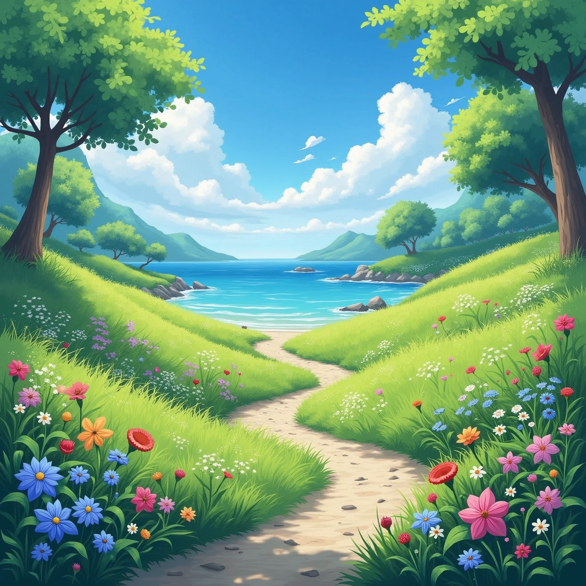 Please create a fantasy landscape painting that you would want to use as your smartphone wallpaper.。The theme is summer。