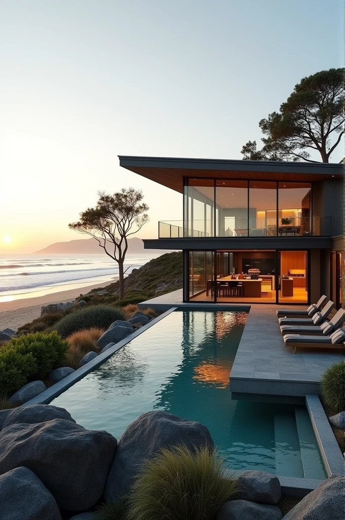 A beautiful glass house at the beachfront with swimming pool and barbecue meat