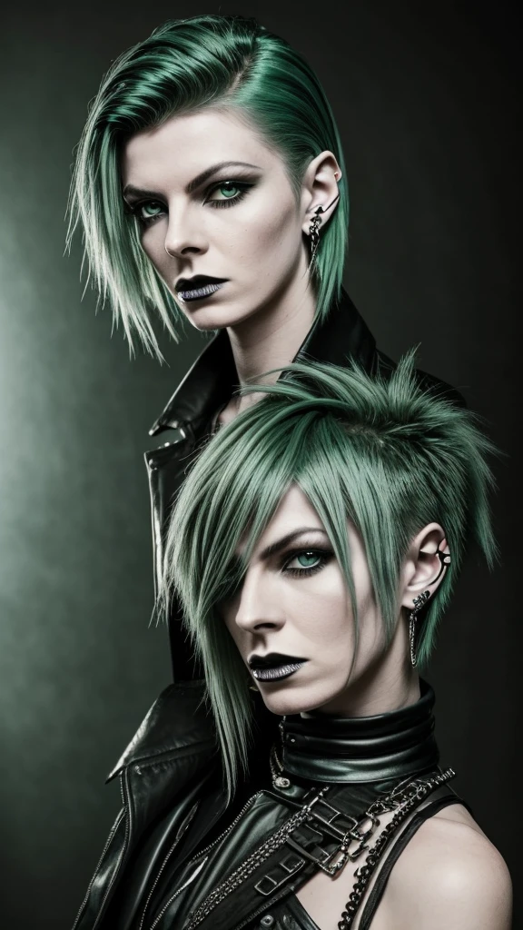 young rockstar, Gothic style, androgynous, cabelo de roberth smith, youthful face, pale skin, silver hoop nose piercing, similar to David Bowie and Peter Murphy, background composed of industrial and vintage environment, 80s goth atmosphere, moss green tones in the environment, PICTURE REALISTIC, realistic character, 8k, high quality