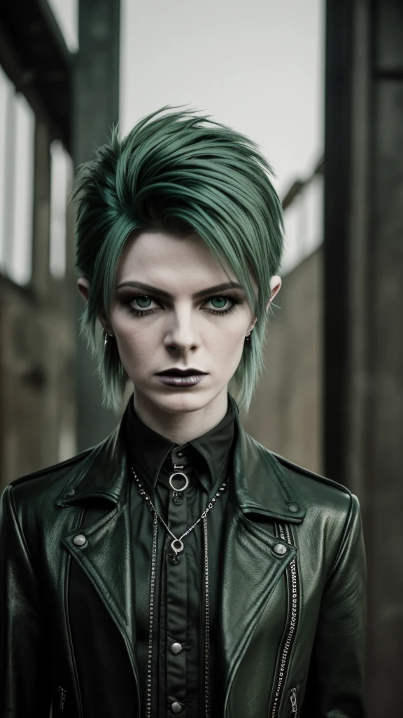young rockstar, Gothic style, androgynous, cabelo de roberth smith, youthful face, pale skin, silver hoop nose piercing, similar to David Bowie and Peter Murphy, background composed of industrial and vintage environment, 80s goth atmosphere, moss green tones in the environment, PICTURE REALISTIC, realistic character, 8k, high quality