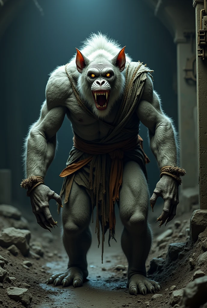 man with light gray skin, bright, feline yellow eyes, chimpanzee head, sharp fangs, With a furious glare, wearing tattered and aged medieval clothing, brawny, large hands and feet with sharp claws, inside an abandoned coal mine, realistic full body photography