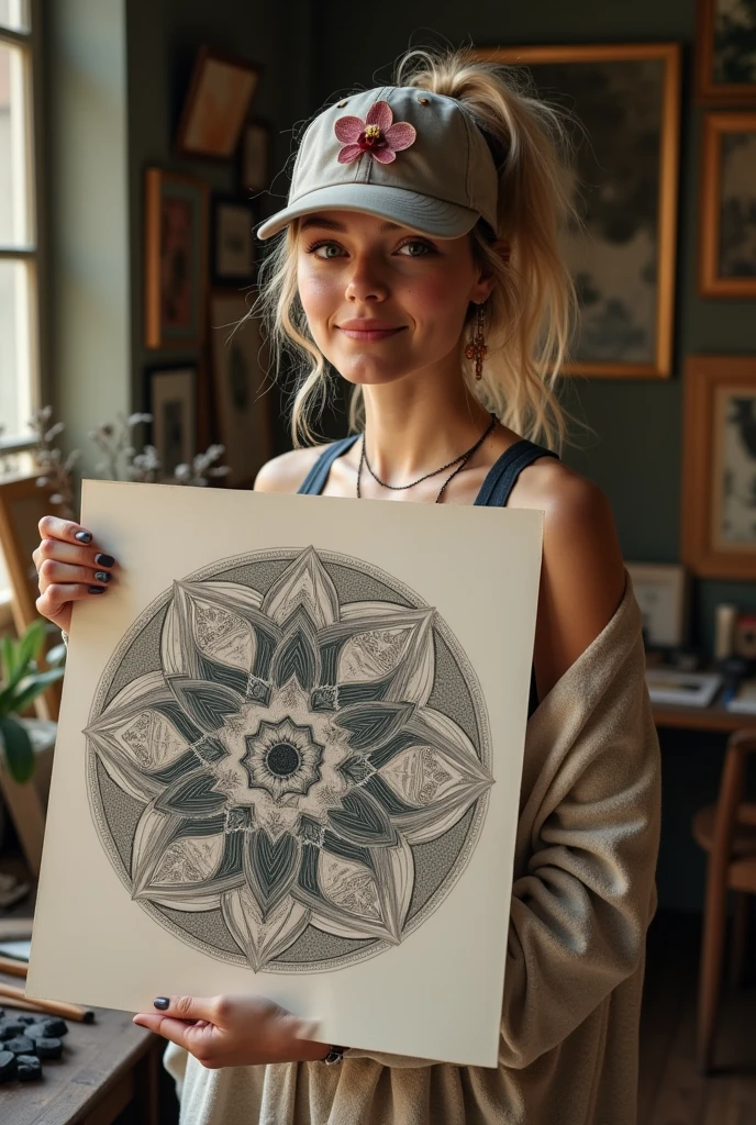 young happy wife with a designer baseball hat on looks to the camera, her blonde hair casually pulled back into ponytail. her oldworn baseball hat has an orchid flower patch on the front, she holds a large sophisticated illustrated print of a complex geometrical yantra shape of a jade heart, mountain peaks, waterfall , human figure outlines, energetic waves, and orchids, Greekwoman in art studio, full body shot, ( background: art studio filled with drawing materials, north light, wood floors, charcoal, papers, frames) , most beautiful woman, (her long hair updo, styled:1.2), she's lit with natural autumn light glow, radiant skin , light long hair, in messy bun, backlit with fall colors,(sun accents her entire body), modestly, charming), a stunning woman, (composed ), (hyper-detailed wood floors, fabrics, drawing tools,texture, (architecture backlit)), (highest quality fabric texture: 1.2), gorgeous art studio, William-Adolphe Bouguereau, (high contrast), (deep, darkest shadows),(she's wearing white fabric coverings draped over breasts and groin), (ultra-realistic female body, realistic skin)(she's being drawn, arms down, relaxed), she's observed, accent highlights, rich shadows, HD, (ultra-realistic ,soft accent light), (incredible room: painter studio, paint on wood floor, pastel dust, plaster models, artistry, (stunning facial lighting)), (highest quality fabric texture), (High-realism hair and skin), (ultra-realistic eyes: eyelashes, pupils, sparkle), stylish elegance, elegant minimalism , Finely detailed,(Fine-grained), (highest detail skin texture: peach-fuzz earlobe realistic,freckles, blushing) ○○ res – ultra high high resolution , dimly lit, ISO 1200, aperture: f/2.8, high texture, Photo-realistic hands and fingers – (photorealistic beautiful 4k) , 8K,extreme detail, intimate, perfectly framed, skillful composition, a work of art, beautiful composition, solo woman, (highest quality fabric texture), every detail,Fine,soft accent light, gorgeous Rembrandt styl
