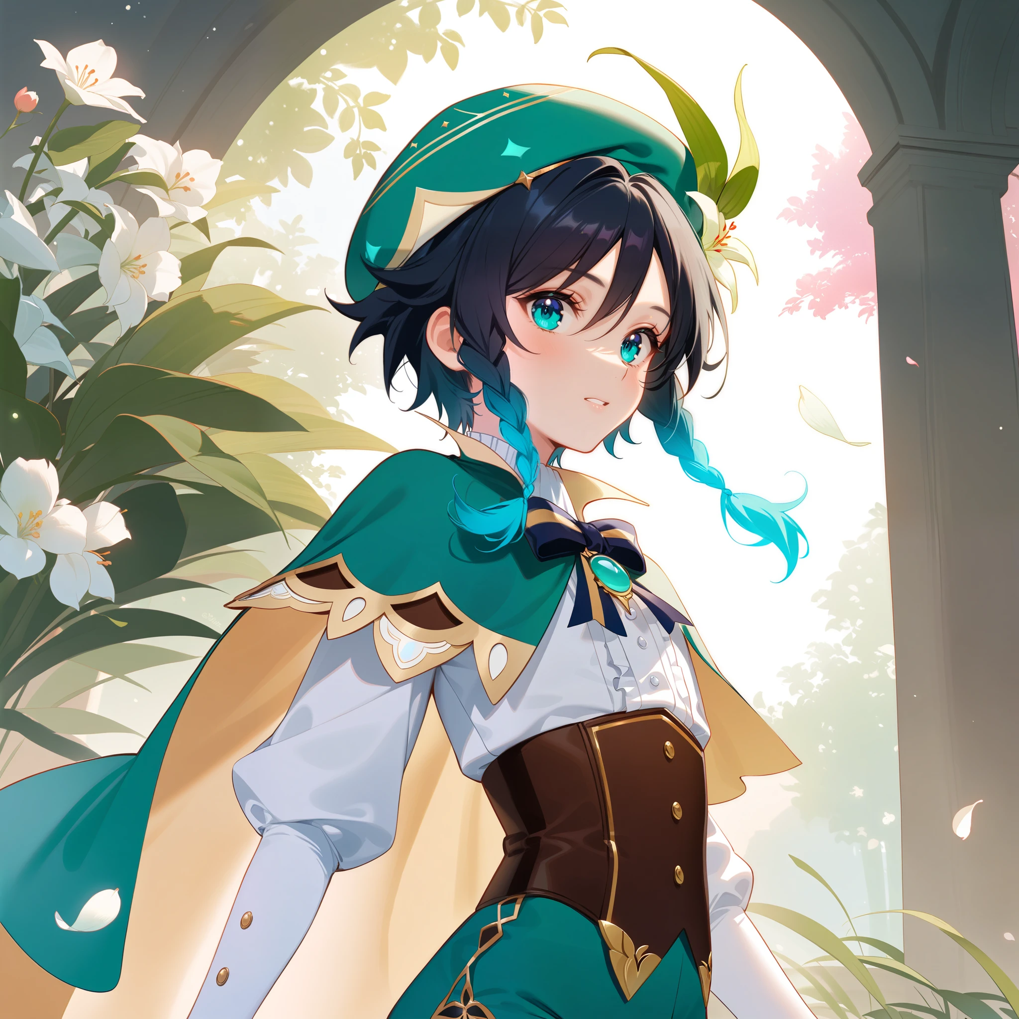 (best quality,4k,8k,highres,masterpiece:1.2),1boy,venti genshin impact,male focus,flat chest,ultra-detailed,realistic,(dsmile:0.5),morning of spring,delicate light rays,pastel color palette,elegant curves,effects of light and shadow,flower petals falling,springtime essence,ethereal atmosphere,peaceful garden background,morning dew,soft sunlight filtering through trees,lush plants,komorebi,softly colored blossoms,transcendent beauty,awe-inspiring artwork,white long-sleeved shirt, brown corset,green shorts, white tights,green cape,hat,brooch,green eyes,wise and kind god,cinematic lighting, ray tracing, UHD, high details, high quality, award winning, super detail,