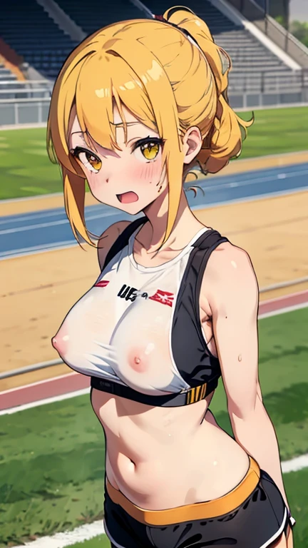 mastute piece,Best Quality,insanely detailed,8k cg,nsfw,
(shoot upper body:1.3),
(1girls:1.3),standing,looking at viewr,body in front,(arms behind back:1.4),(separate),(bare breasts:1.2),(bare nipples:1.2),
break,
blush,shy,(ecstasy face),(trembling:1.2),break,(light yellow hair:1.3),
break,
perfect breasts,perfect teats,(open mouth:0.9),(large breasts:1.2),
(track field),