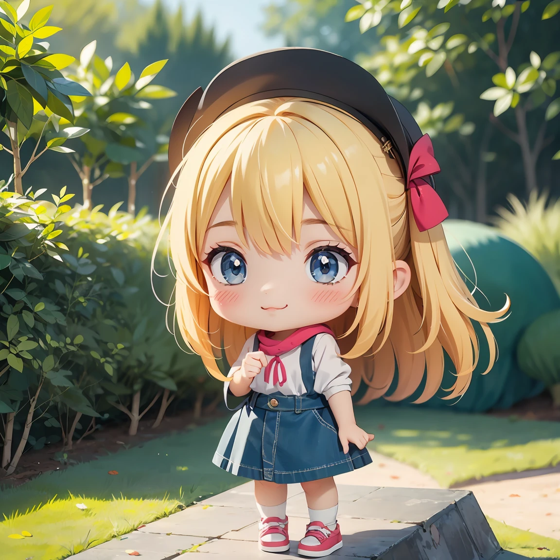 Super Chibi Character:1.8、Blonde Hair、Cute 7 year old girl、Random cute outfits、Wearing cute shoes、Super Chibi Character:1.8、Pouting、smile