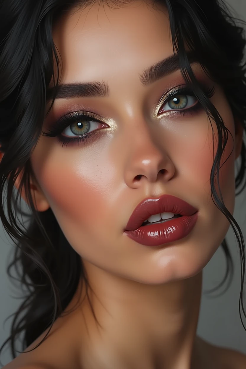  hyperrealistic detailed Latina woman with makeup, mermaid eyes, subtle shimmer in the center of the eyelids, bold eyeliner, smoky eyes and wine red lips