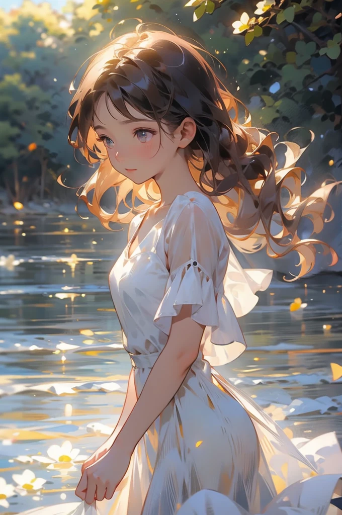 Highest quality, masterpiece, alone, 1 female、Age 25、Small breasts、(Cleavage)、(Slim figure)、sheer white dress、From the side、Poses that accentuate the chest、(White highlight in pupil:1.2)、Dark reddish brown eyes、(Black-haired:1.2)、(Medium Hair)、(View your audience:1.2)、White skin、(blush)、(Embarrassed look)、(Blur the background to make the woman stand out.:1.3)、(The sunlight shines in)、Half Backlight、(Beautiful flowers in the background)、The wind is blowing