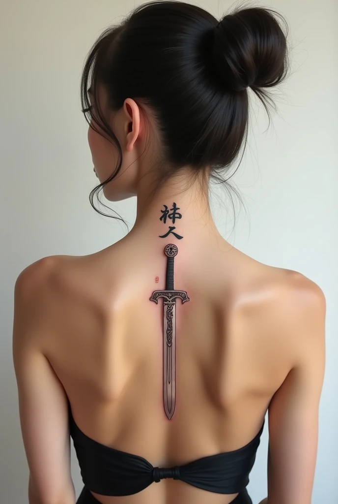 Ideas of a girly spine tattoos that consist of a sword that has chinese writings which mean endurance hopeful and growth. The tatoo should be shown on a girl's back whose hair is tied up