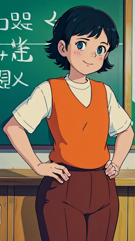 (1girl, solo, highly insanely detailed, masterpiece, top quality, best quality, highres, 4k, 8k, RAW photo),((innocent look)),((Childish)),From the front, symmetrical composition,smile,cute,Innocent,Kind eyes,Flat chest, ghibli style, classroom, chalkboard, interior, (keane), short black hair,blue eyes,short hair,
orange shirt,red vest,brown pants, hips, 