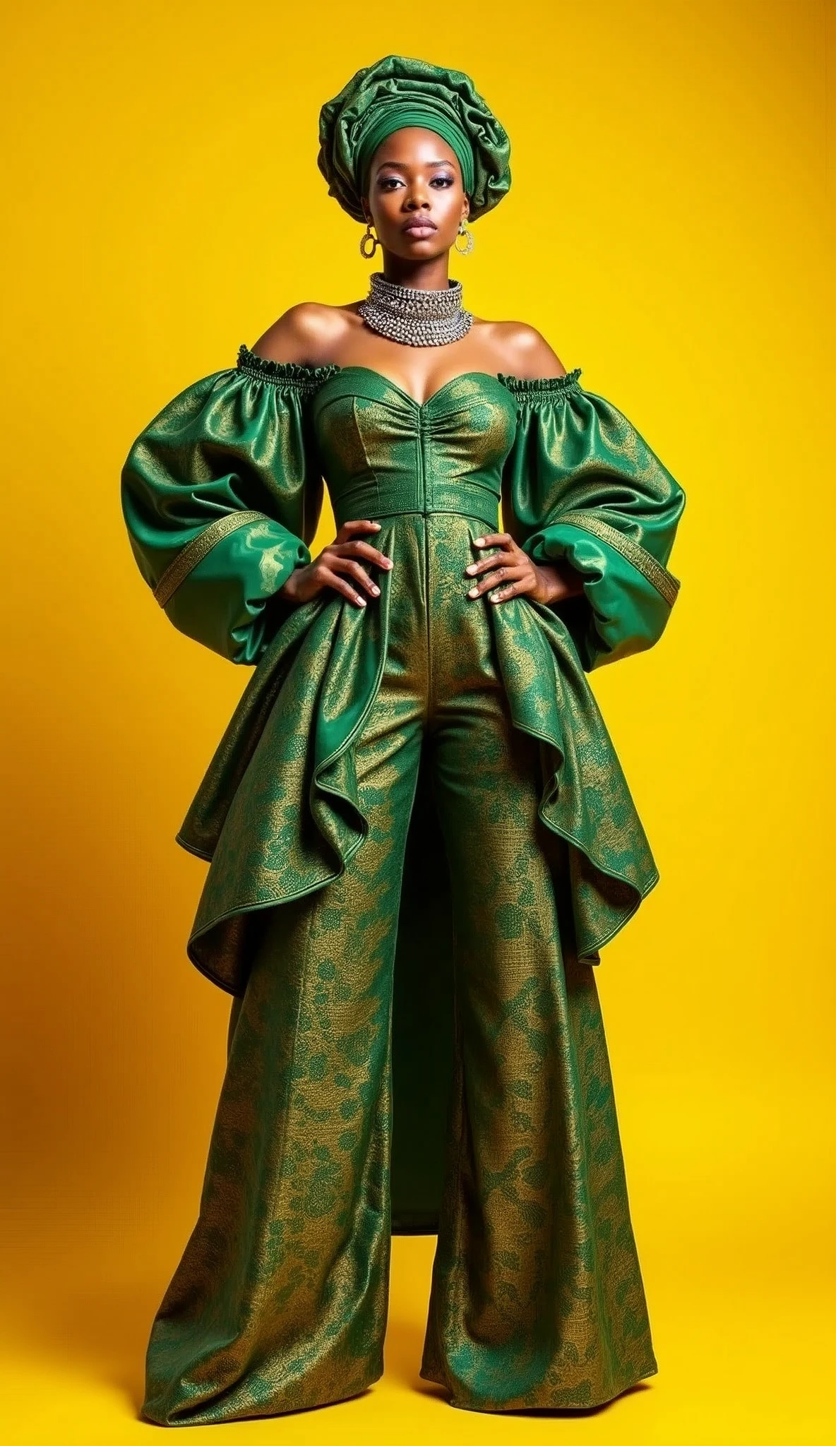 A powerful fashion model posing confidently in a vibrant studio setting. She is dressed in a striking, layered outfit featuring intricate patterns in shades of emerald green and gold. The ensemble includes a voluminous off-shoulder top and matching wide-legged pants, both with dramatic ruffles that create a bold and dynamic silhouette. She accessorizes with a matching headscarf and chunky metallic choker, adding a touch of traditional elegance to the modern design. The solid yellow background contrasts beautifully with the richness of her outfit, making the entire look pop.
((powerful fashion model)), ((vibrant studio setting)), ((layered outfit)), ((intricate patterns)), ((emerald green and gold)), ((off-shoulder top)), ((wide-legged pants)), ((dramatic ruffles)), ((bold silhouette)), ((matching headscarf)), ((chunky metallic choker)), ((solid yellow background)) BREAK ((highres:1.5)), ((best quality:1.6)), ((fashion photography:1.4)), ((editorial style:1.3)).