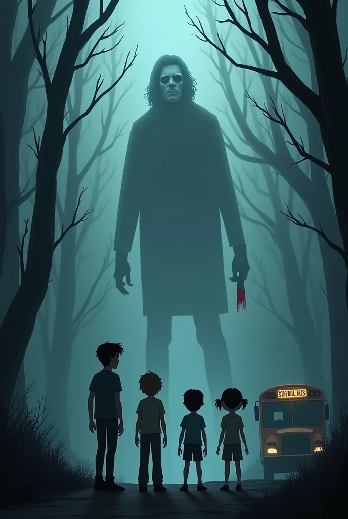 A somber and mysterious setting. No fundo, the dense and dark Devil’s Tramping forest, with tall, twisted trees shrouded in fog. a school bus, partially visible, parked at the edge of the road leading to the forest.

En el centro de la imagen, A group of four young people, 3 boys and 1 girl, are in an alert pose., looking with an expression of concern and fear. Jack is ahead, with an expression of urgency.

Above the group, a menacing silhouette with a mask and a bloody knife, partially obscured by fog.

