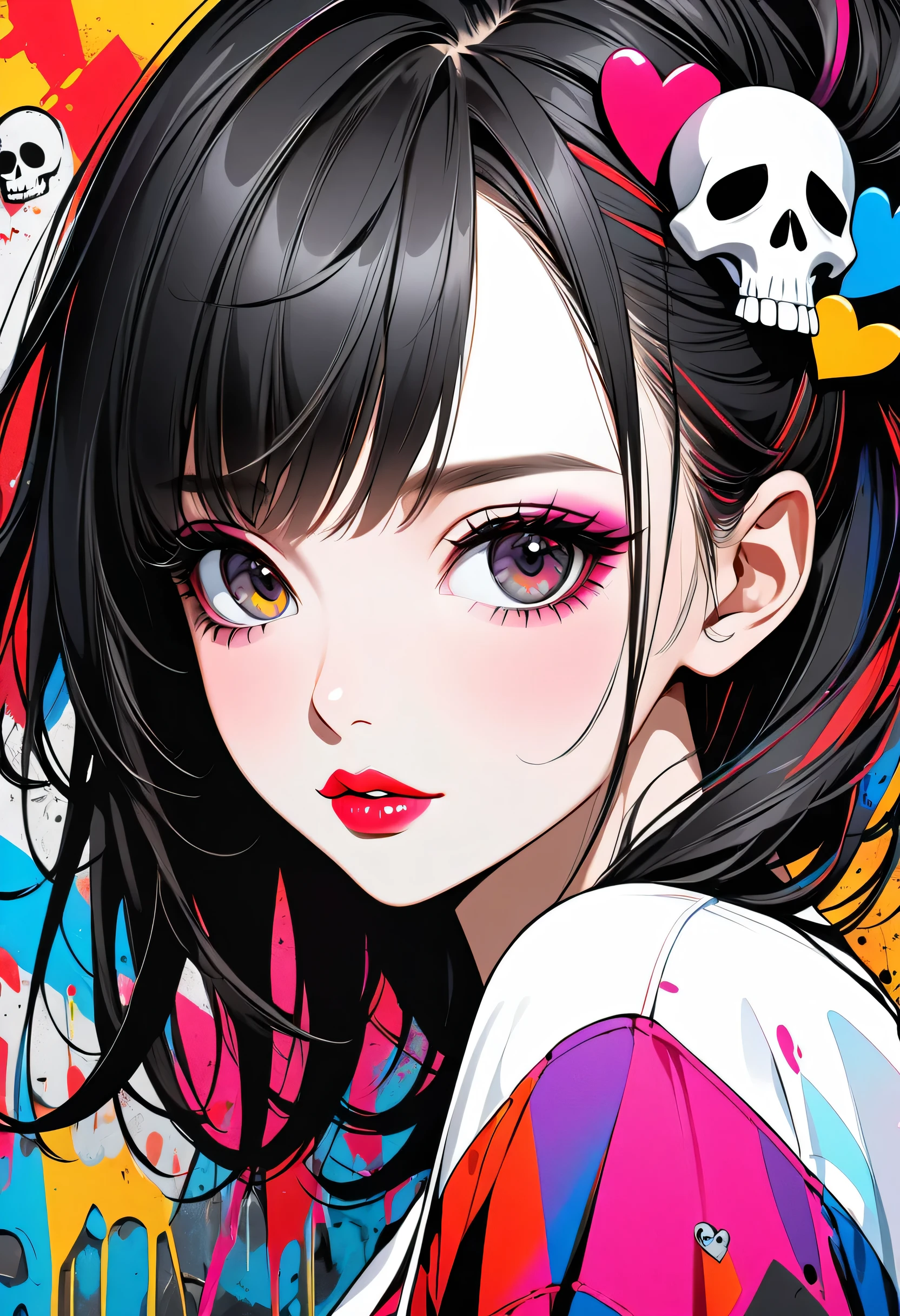 Ultra-realism Black Star Red and White colorful style, Simple Line Initialism,Abstract art,(((The most beautiful girl of all time))), Sweet face. Lips in love, colorful hearts, stylish design, Summer Skull fashion, Dark Eyes, Graffiti on the wal