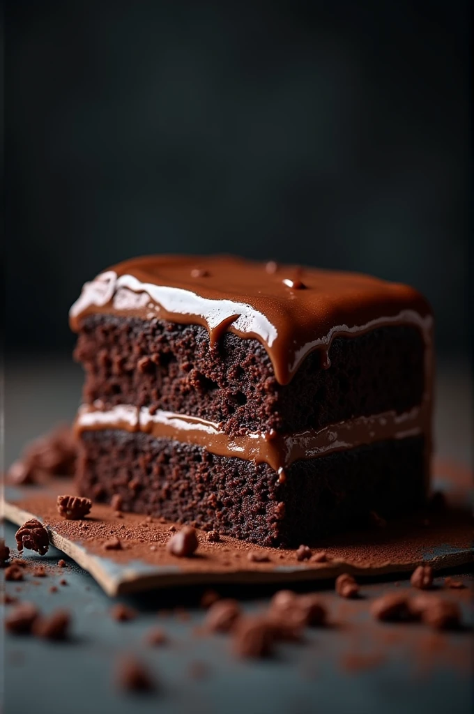 cinematic film still chocolate, chocolate cake, dark background, quality photo, moist texture, frosting, studio photo, slice . shallow depth of field, vignette, highly detailed, high budget, bokeh, cinemascope, moody, epic, gorgeous, film grain, grainy