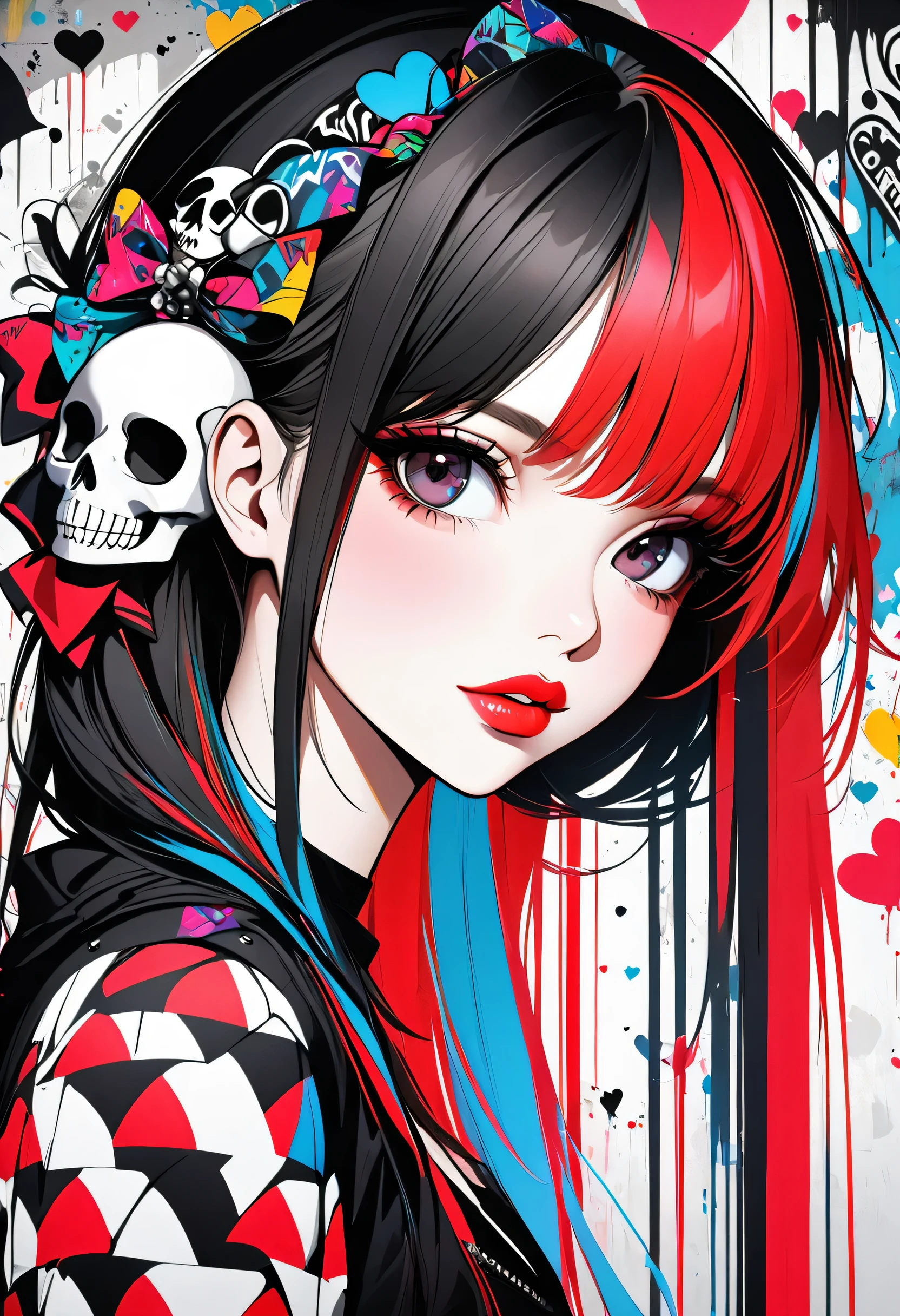 Ultra-realism Black Star Red and White colorful style, Simple Line Initialism，Abstract art，(((The most beautiful girl of all time))), Sweet face. Lips in love, colorful hearts, stylish design, Summer Skull fashion, Dark Eyes, Graffiti on the wal