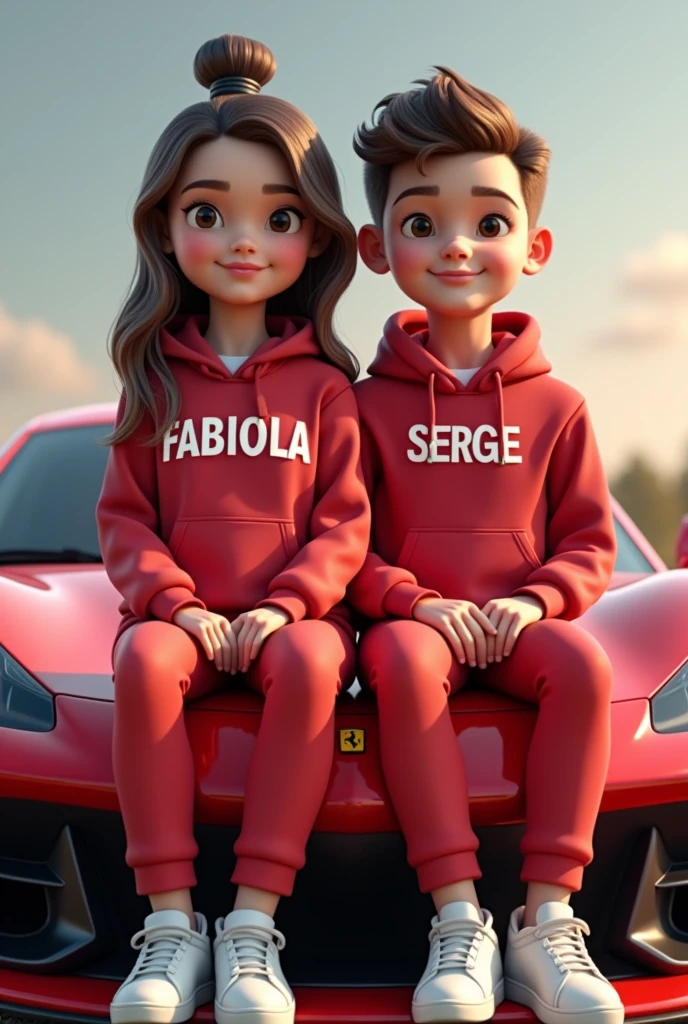 Image 3D d'une jeune dame et d'un jeune homme vesti en ensemble jogging assis sur une Ferrari et écrit respectivement sur leurs pulls "FABIOLA" & "SERGE"