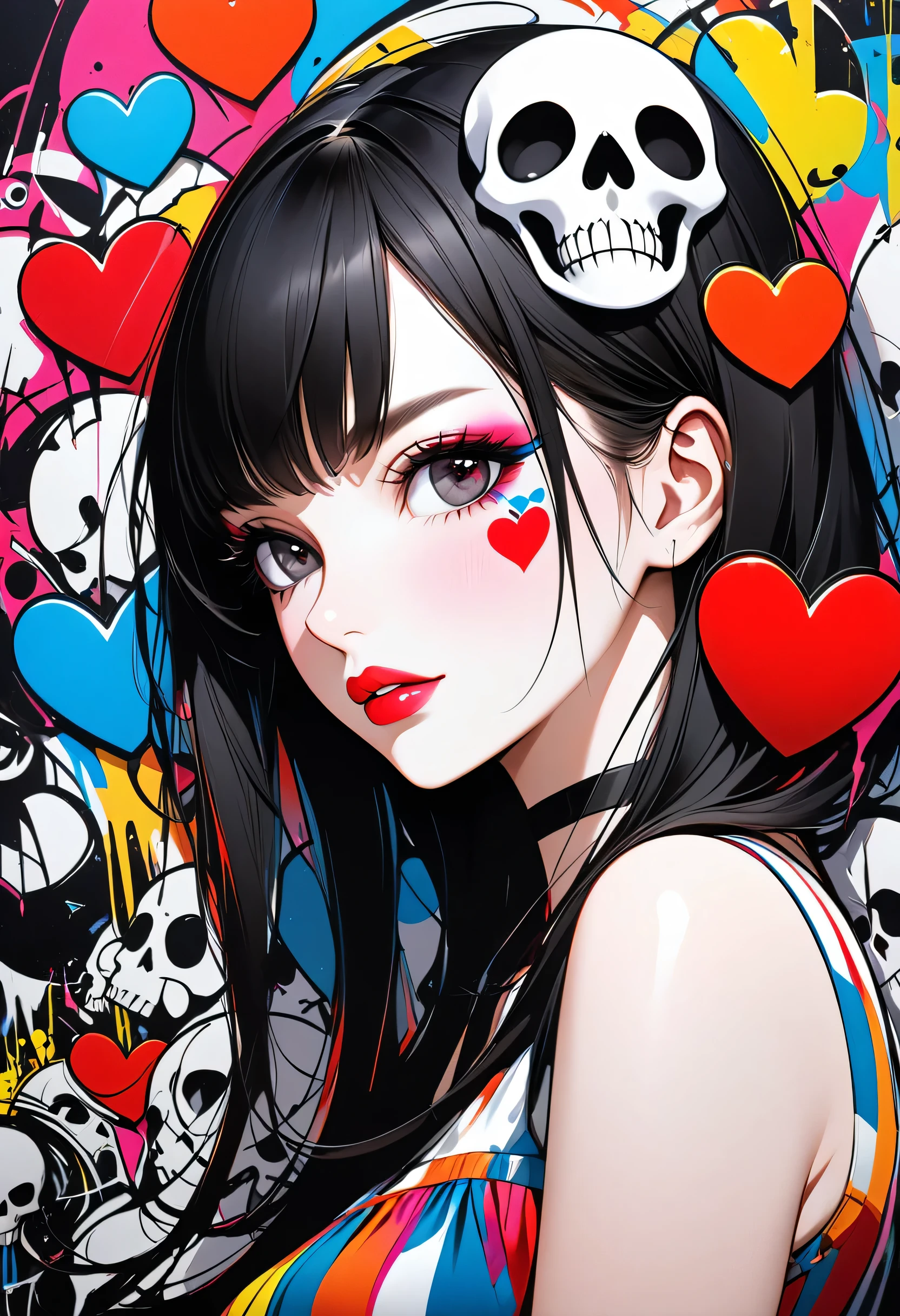Ultra-realism Black Star Red and White colorful style, Simple Line Initialism，Abstract art，(((The most beautiful girl of all time))), Sweet face. Lips in love, colorful hearts, stylish design, Summer Skull fashion, Dark Eyes, Graffiti on the wal