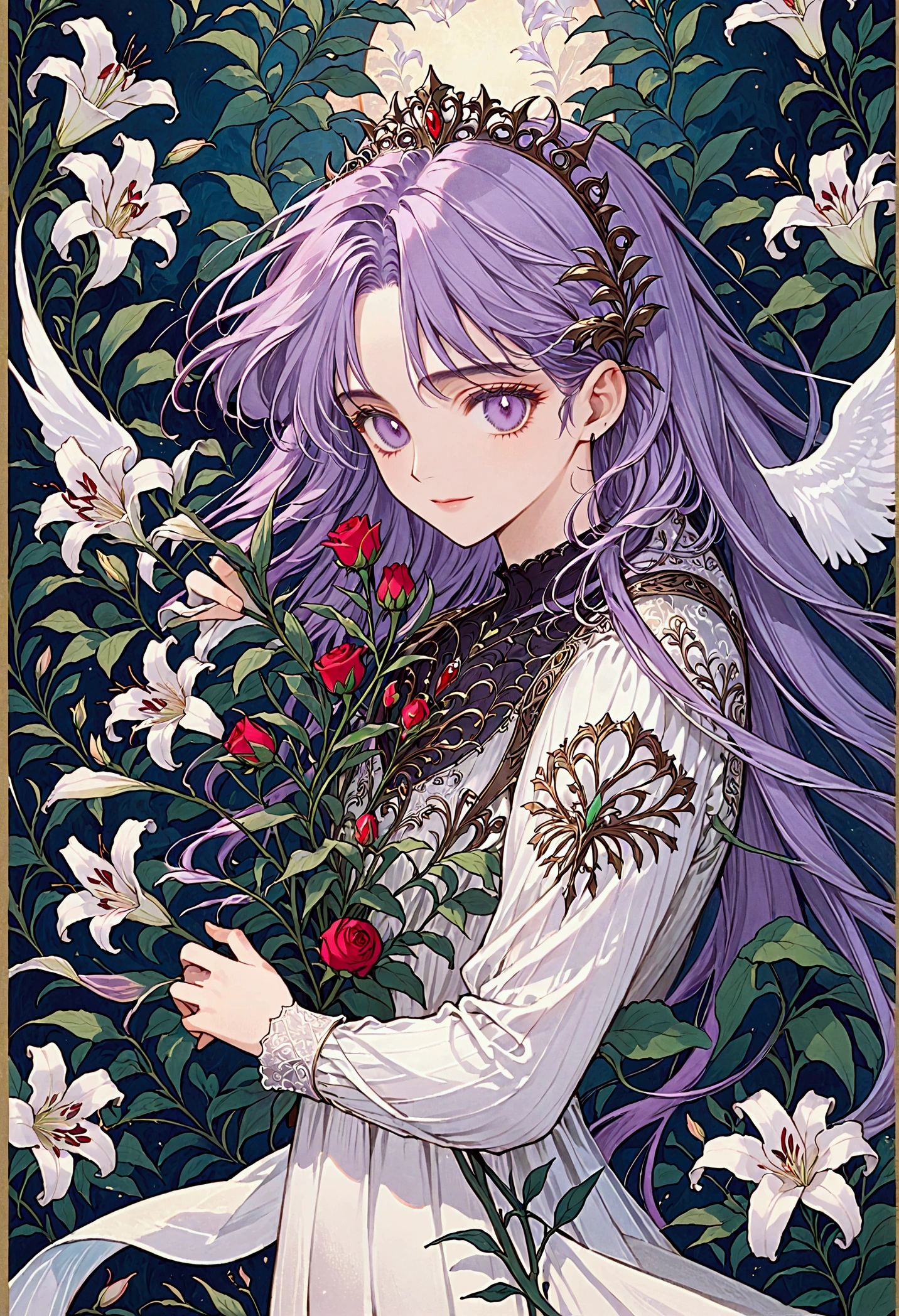 high quality，masterpiece，Delicate features，Delicate hair，Delicate eyes，Delicate hair，Holding a red rose, Dreamy Style, Wonderful gardens, Fantasy style clothing, Romantic Dresses, Handsome and elegant man, Beautiful fantasy, Fantasy art style, Beautiful fantasy, Lily Queen Fey, Anime Art Nouveau, youth, Portrait of a Knight, Beautiful Art Illustration，8Khigh qualityの緻密なアート（Delicate features 細い髪の表現 最high quality masterpiece masterpiece 完成度の高さ 雰囲気感 壁紙，masterpiece，最high quality，Very detailed、Full of heart、Long eyelashes、smile、Purple Hair、short hair