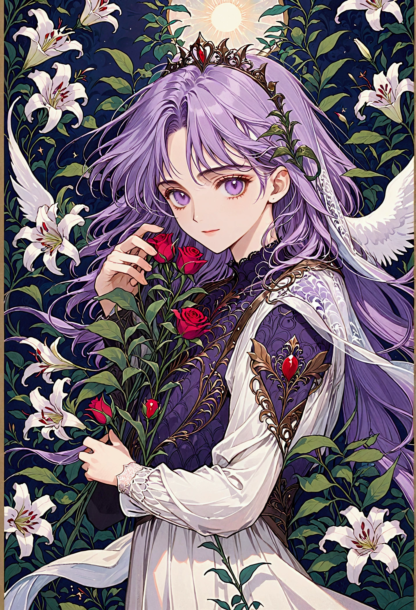 high quality，masterpiece，Delicate features，Delicate hair，Delicate eyes，Delicate hair，Holding a red rose, Dreamy Style, Wonderful gardens, Fantasy style clothing, Romantic Dresses, Handsome and elegant man, Beautiful fantasy, Fantasy art style, Beautiful fantasy, Lily Queen Fey, Anime Art Nouveau, youth, Portrait of a Knight, Beautiful Art Illustration，8Khigh qualityの緻密なアート（Delicate features 細い髪の表現 最high quality masterpiece masterpiece 完成度の高さ 雰囲気感 壁紙，masterpiece，最high quality，Very detailed、Full of heart、Long eyelashes、smile、Purple Hair、short hair
