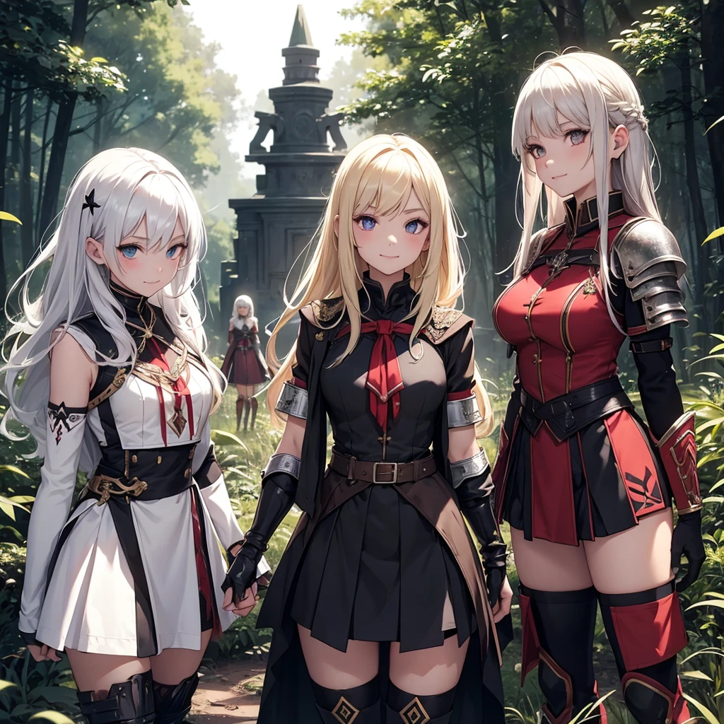 a group of beautiful vampire girls in the middle of a forest , multiple girls, young girls, short black dress,BLONDE HAIR ,tribal witch, tribal tattoos, tribal clothing, ,multiple girls, five girls, light armor ,elbow pads, knee pads, silver hair , blonde hair , standing girl young girl, gloves, elbow pads, boots, smiles, battle dress, military dress, short skirt ,