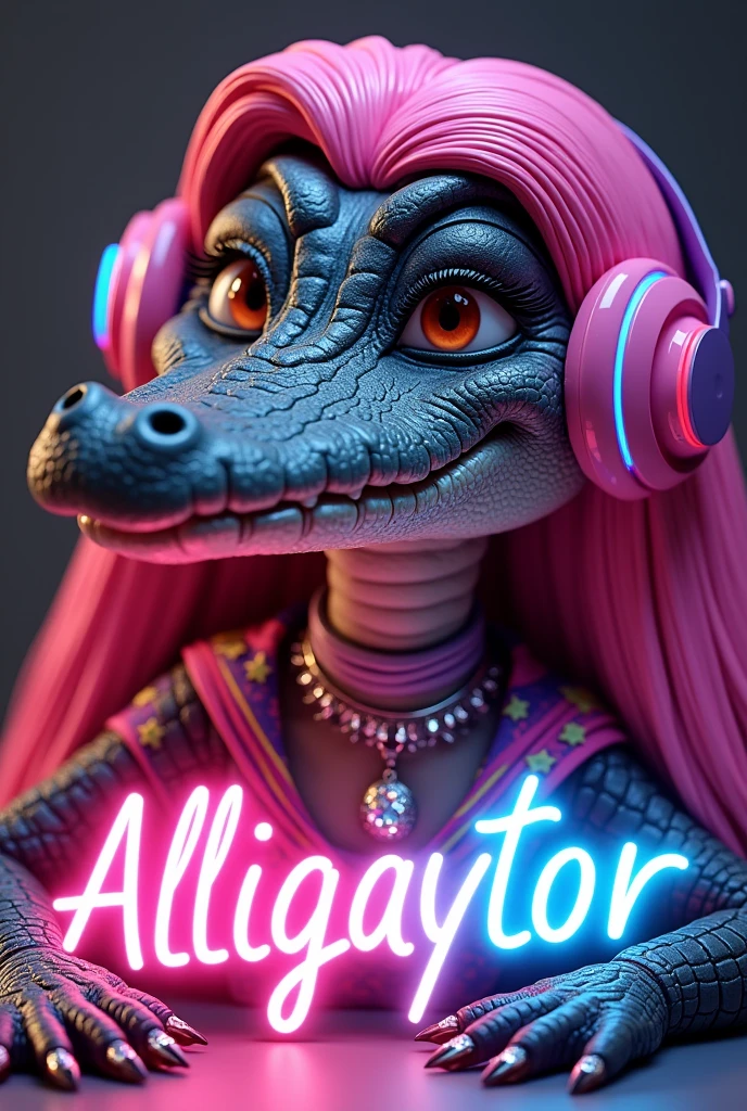 An ultra realistic adult alligator character, Horizontal,drag Queen from the interior of Minas Gerais ...dressed in flashy peasant clothes,very large gamer headphones in Neon ,large neon earrings matching the headphones .. full lips with lip filler and lots of makeup . Large gel nails ,very eye-catching ,all matching the LGBT flag. Long pink straight curly wigs....3D cartoon character , with a diamond necklace,
With the pink neon logo reading 'AlliGAYtor in the foreground