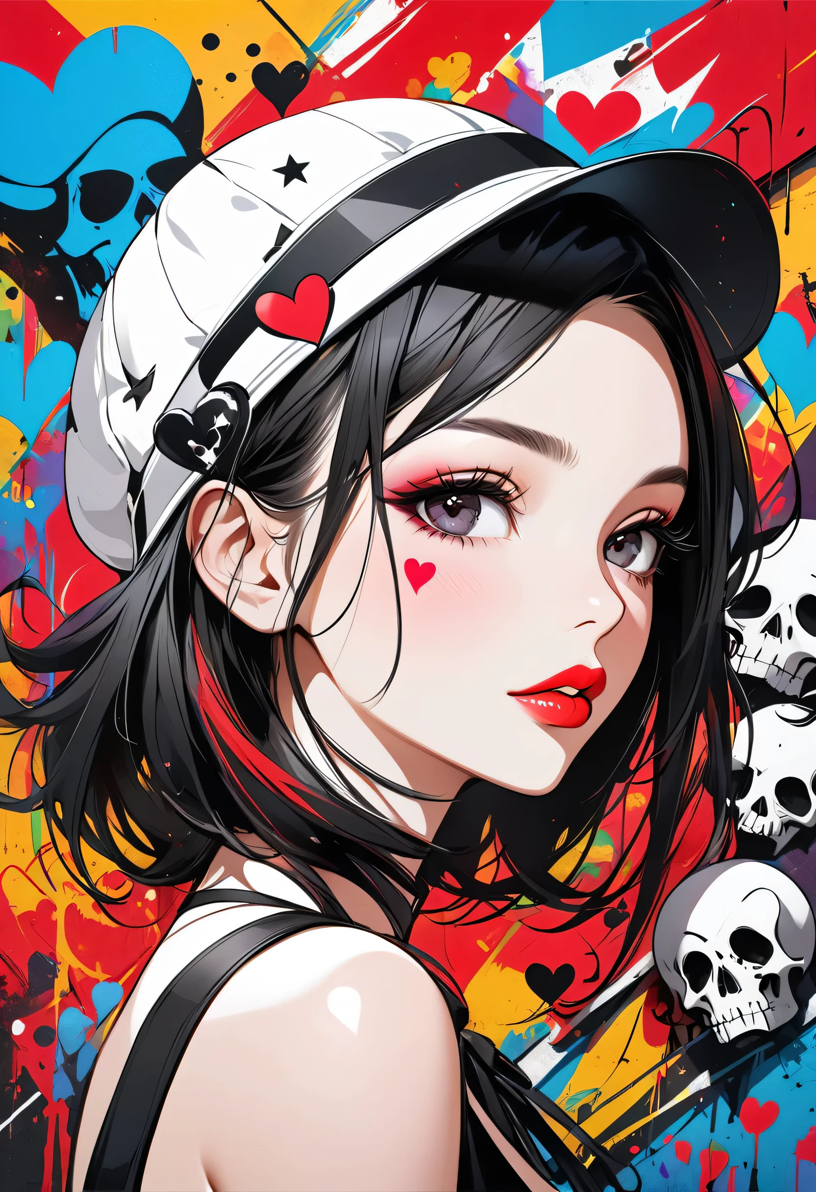 Ultra-realism Black Star Red and White colorful style, Simple Line Initialism,Abstract art,(((The most beautiful girl of all time))), Sweet face. Lips in love, colorful hearts, stylish design, Summer Skull fashion, Dark Eyes, Graffiti on the wal