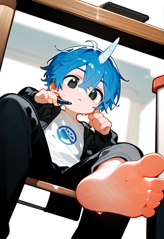 wallpaper,A cute boy showing his feet，sit on the chair，Behind the table，Low Angle，Under table angle，Hold a pen in your right hand，Hold the tablet in your left hand，Black eyes，barefoot，Blue Hair，头上有一个蓝色的Unicorn，Unicorn，black eyes，White T-shirt，Black jacket，Black pants，Sweating on the soles of the feet，Five toes