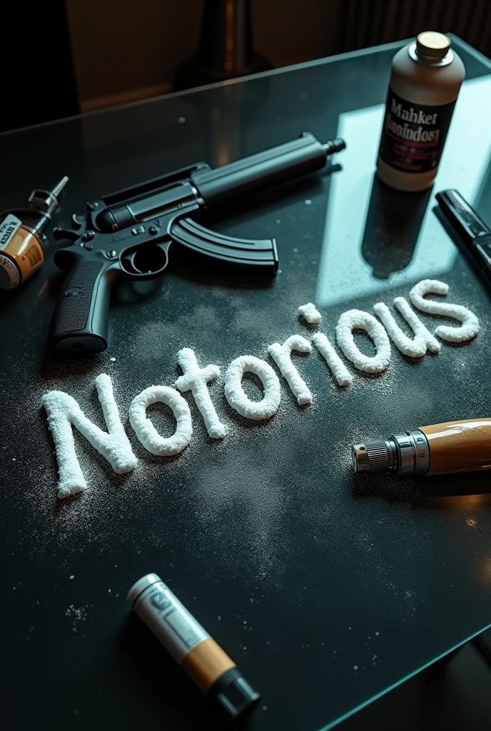Make a long image that says Notorious written with cocaine and put a gun on the sides , dope , tussi and a cigarette, all on a glass table , Let it be like a photo taken from above, realistic to the point that it looks like a photo , that the image is 970x250



