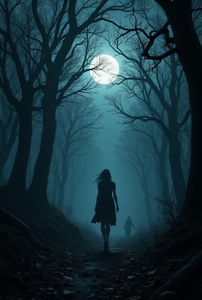 Woman walking in the forest at night alone, scared