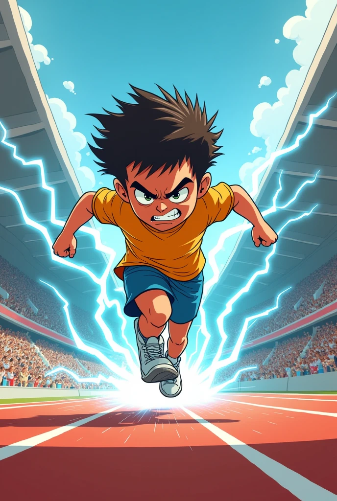 Cartoon of Cute energetic angry young boy, running on very high speed around the stadium leaving everyone behind him, blue and white electricity flowing around him.