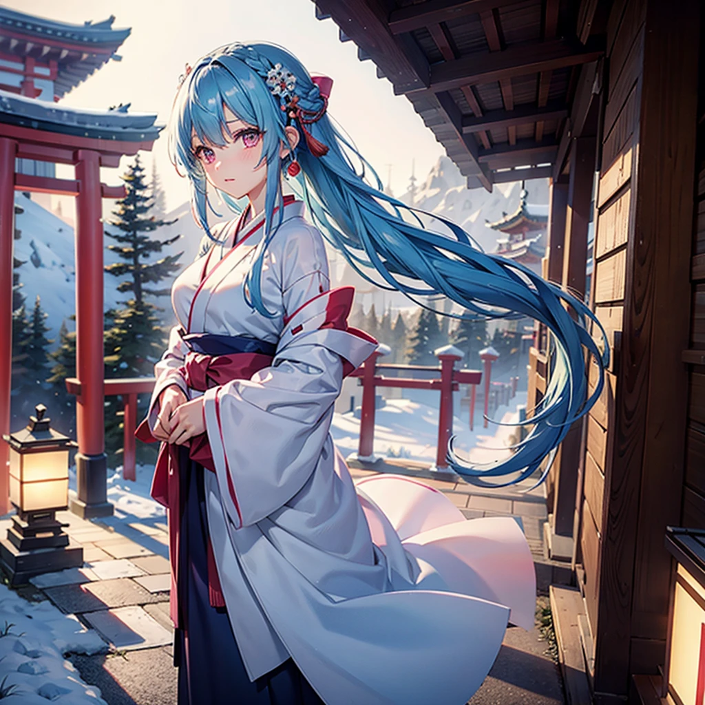 (Tying her sky blue hair into a single braid),(Pink Eyes),Fair skin,whole body,alone,Snowy Night,Drawing a fortune at a temple,torii,Shrine maiden、masterpiece, Highest quality, Very detailed, Best Shadow,Detailed Background,Beautifully detailed face,High Contrast,Best lighting, Very delicate and beautiful,Cinematic Light,Hyper Detail,8k,Dramatic Light,Exquisite detail,