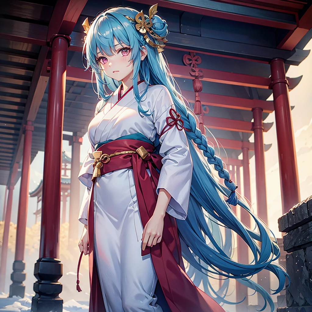 (Tying her sky blue hair into a single braid),(Pink Eyes),Fair skin,whole body,alone,Snowy Night,Drawing a fortune at a temple,torii,Shrine maiden、masterpiece, Highest quality, Very detailed, Best Shadow,Detailed Background,Beautifully detailed face,High Contrast,Best lighting, Very delicate and beautiful,Cinematic Light,Hyper Detail,8k,Dramatic Light,Exquisite detail,