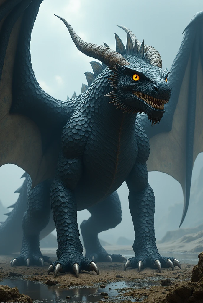 a black dragon, luminous, fierce real beautiful with yellow eyes and claws