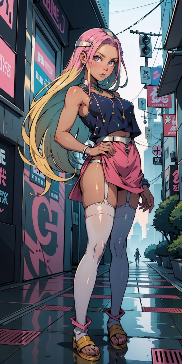 A blonde woman dressed in blue and pink is posing for a photo, Cyberpunk art inspired by Masamune Shirow, Topics on pixiv, graffiti, Fascinating anime, Anime Barbie in White Stockings, Beautiful and attractive anime , Beautiful and attractive anime woman, Highly detailed art gems, Splash Art Anime , Naughty anime style, Top rated on pixiv