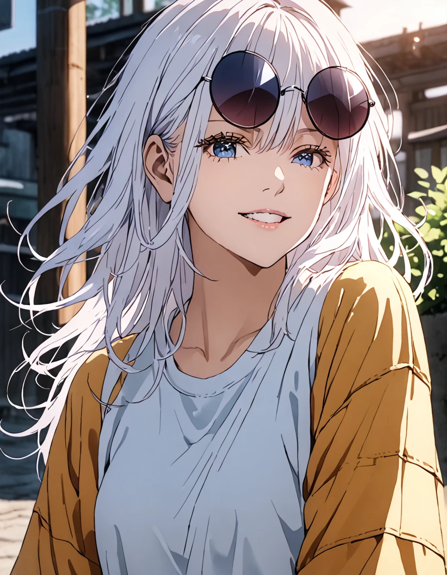 score_9, score_8_up, score_8, best quality,masterpiece,4k,very aesthetic,uncensored,rating_explicit,rating_questionable, anime_source, gojou satoru, genderswap \(mtf\), long hair, white hair, blue eyes, white eyelashes, depth of field, stunning color, (white eyelashes:1.5), female focus, BREAK, 1girl, mature, looking at the viewer, (eyewear on head, round eyewear), smile, smirking, grinning, cropped t-shirt, black joggers, BREAK, Animated by Mappa studio, perfect composition, BREAK, cinematic lighting and shadow, dynamic pose, expressive, perfect face, perfect body,(masterpiece), (best quality), (ultra-detailed), very aesthetic, very detailed, high detailed texture, 8k,