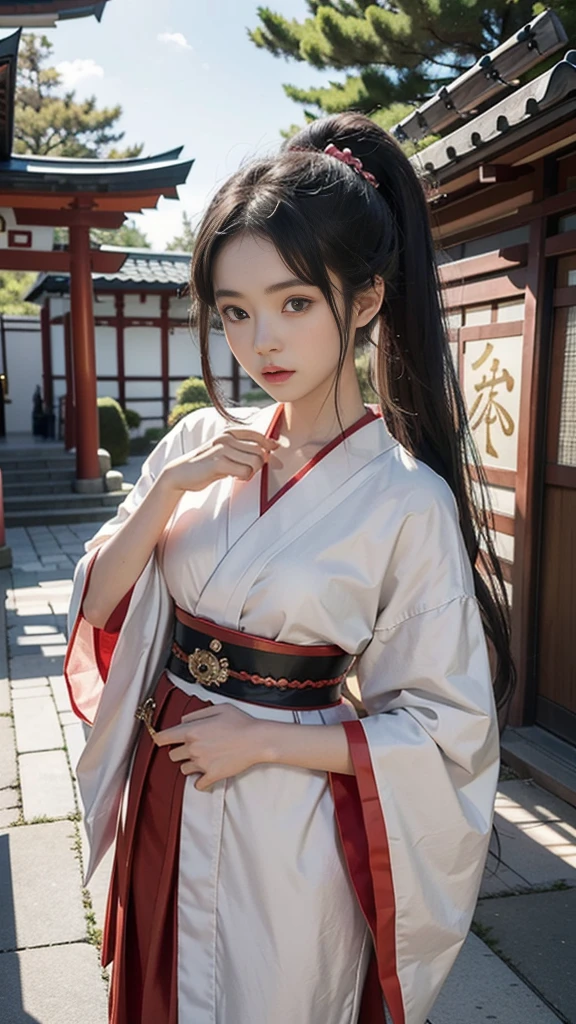 Create a 16-year-old Japanese girl who is the cutest in the world. She should be a mysterious shrine maiden with long black hair styled in a ponytail. The background should feature a beautiful red torii gate at a shrine. She should exude an aura of magical power. The shrine maiden's outfit should be designed with a fantasy, magical theme. nsfw