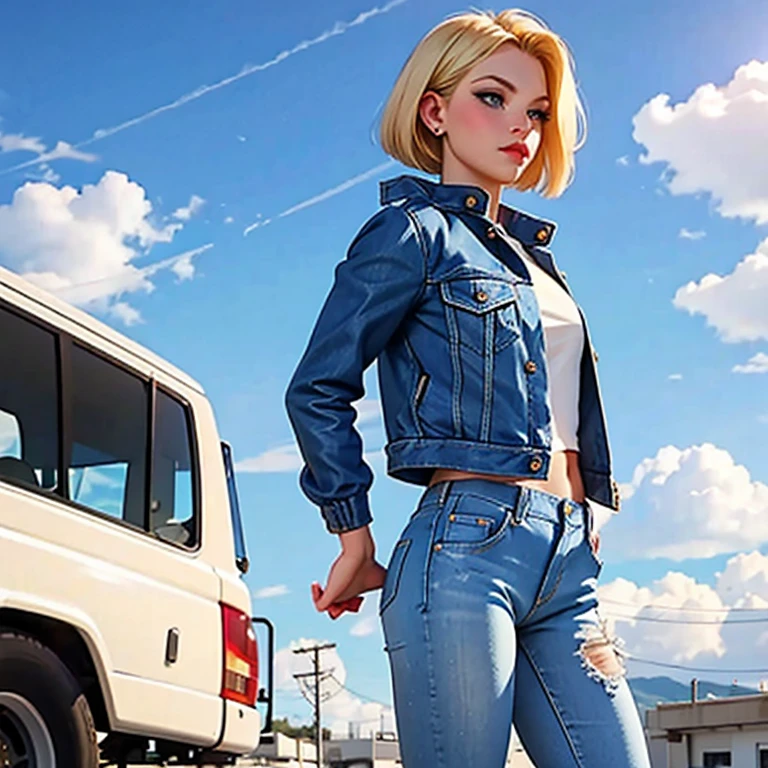 1 girl, standing alone, android 18, hair blonde, blue colored eyes, shorth hair, jewerly, aretes, ssmile, jaket, looking at side, JEANS, JEANS jaket, trunk, lingerie, cloused mouth, nube, sky, giorno, looking away, blue sky, collarbUm,