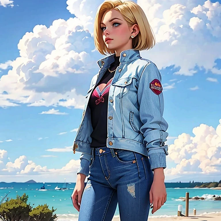 1 girl, standing alone, android 18, hair blonde, blue colored eyes, shorth hair, jewerly, aretes, ssmile, jaket, looking at side, JEANS, JEANS jaket, trunk, lingerie, cloused mouth, nube, sky, giorno, looking away, blue sky, collarbUm,