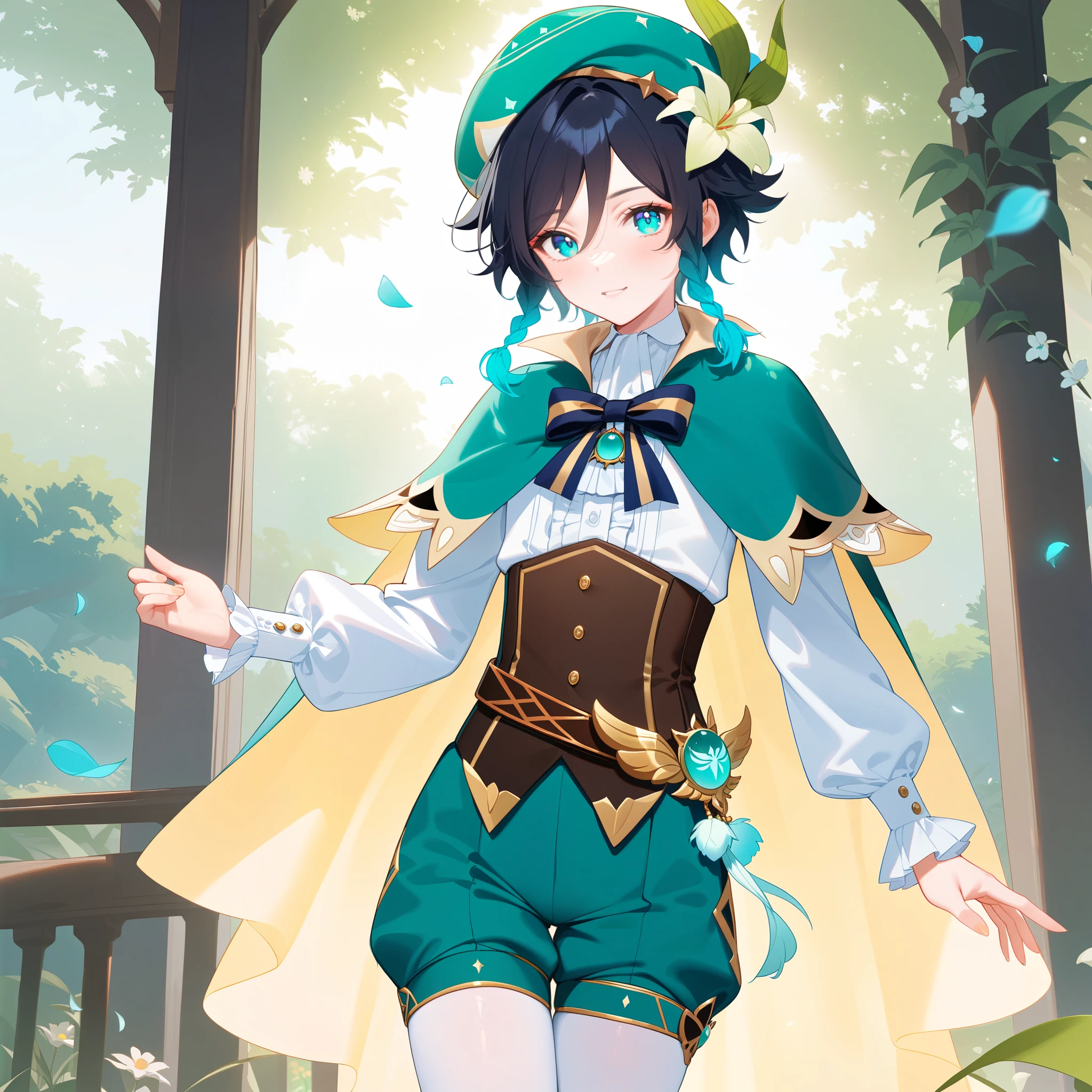 (best quality,4k,8k,highres,masterpiece:1.2),1boy,venti genshin impact,male focus,flat chest,ultra-detailed,realistic,(dsmile:0.5),morning of spring,delicate light rays,pastel color palette,elegant curves,effects of light and shadow,flower petals falling,springtime essence,ethereal atmosphere,peaceful garden background,morning dew,soft sunlight filtering through trees,lush plants,komorebi,softly colored blossoms,transcendent beauty,awe-inspiring artwork,white long-sleeved shirt, brown corset,green shorts, white tights,green cape,hat,brooch,green eyes,wise and kind god,cinematic lighting, ray tracing, UHD, high details, high quality, award winning, super detail,