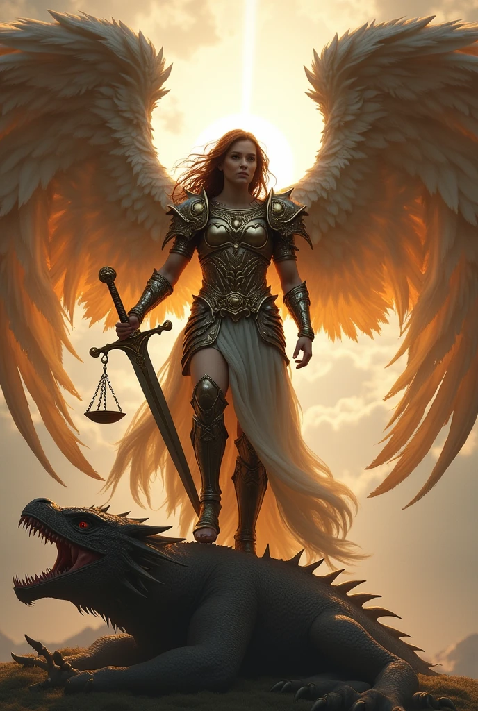 brown haired angel, with eagle wings, roman armor, sword and scales in hand and stepping on top of a dragon 

