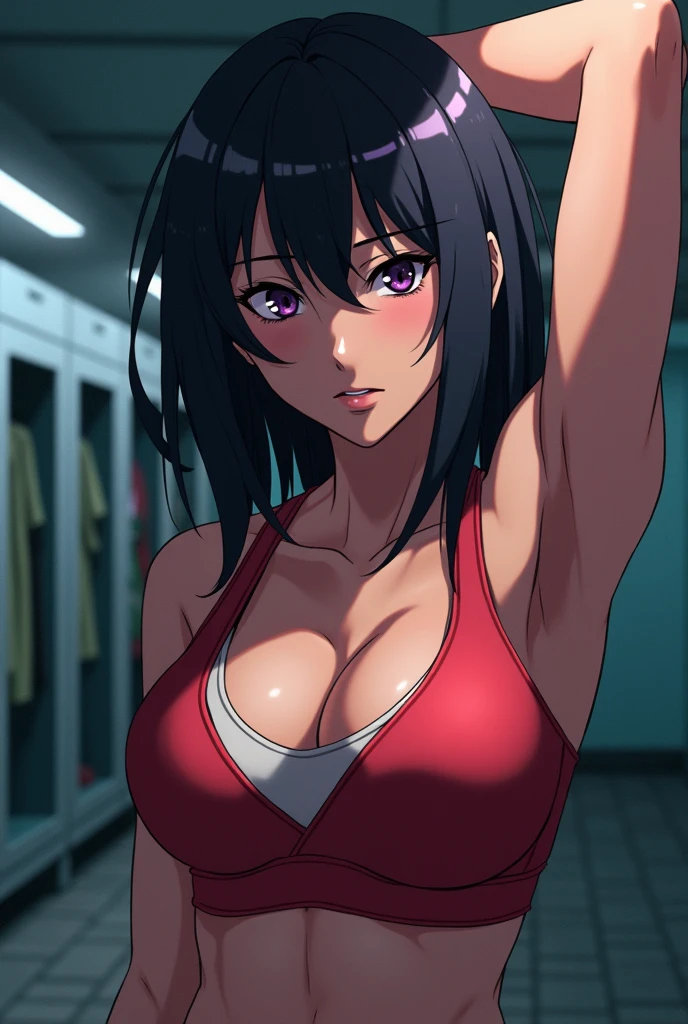 masterpiece, absurdres , (intricate details), (colorful),cinematic lighting,bust shot,extremely detailed CG unity 8k wallpaper ,hinata\(boruto\), 1girl, solo,mature female, arm up, looking at viewer, sports bra, locker room,cowboy shot,