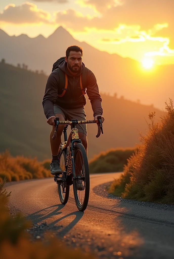 A guy riding a bike through sunset somwhere in bhutan ..bike is decorated with dragon theme and also written OG sage