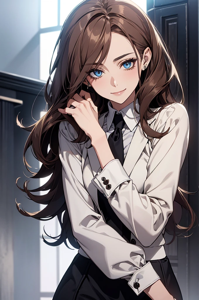 (Highest quality,High resolution,Very detailed),1 girl, Beautiful and elegant light blue eyes, Brown Hair, Cold Smile,Bob Hair, Wearing a suit, Mature Woman, Age 25,Cruel smile, Calm and Calm, Slim figure, pumps,Pale complexion, thin, Calm, secretary